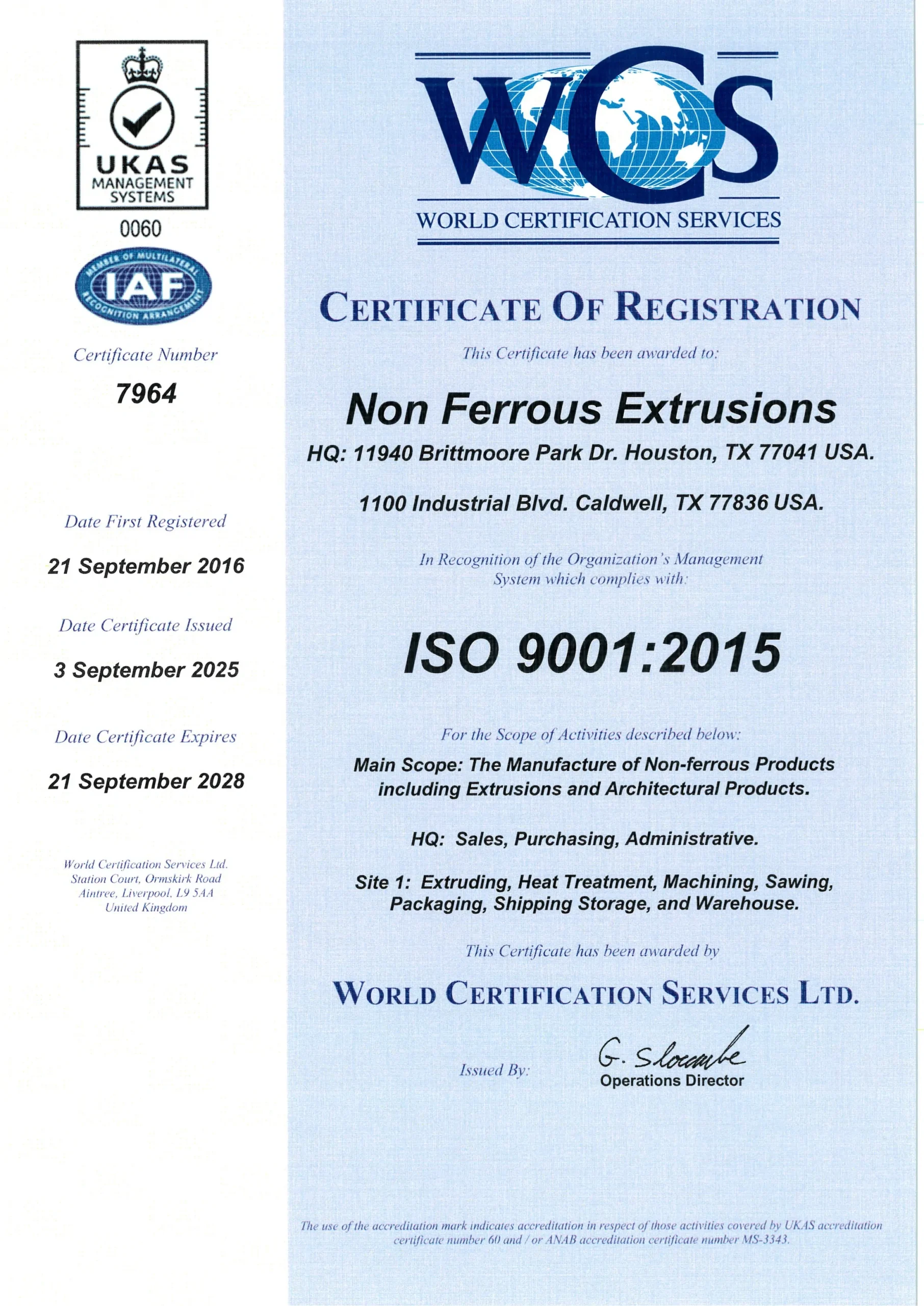 Non Ferrous Extrusions Certificate of Registration # 7964 (2025) Recert